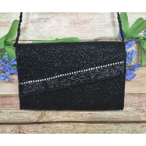 La Regale Vintage Evening Bag Black Rhinestone Beaded Clutch Purse Prom Formal - Picture 6 of 12